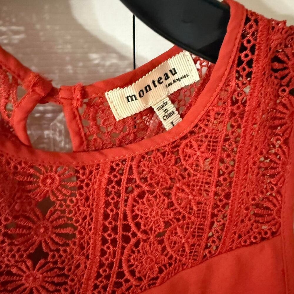 Monteau Los Angeles Orange top lace Neck Women's Large - Picture 3 of 4
